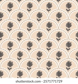 Flowers crayon drawn seamless pattern. Floral allover background. Stylized botany scallop repeat backdrop. Surface pattern design spring motif. Vector hand drawn illustration.