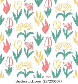 Flowers crayon drawn seamless pattern. Colorful floral allover background. Line art botany repeat cover. Surface pattern design spring motif. Vector hand drawn tulip, daisy, sunflower illustration.