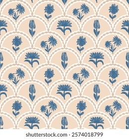 Flowers crayon drawn seamless pattern. Floral allover background. Stylized botany scallop repeat backdrop. Surface pattern design spring motif. Vector hand drawn illustration.