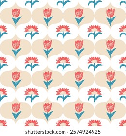 Flowers crayon drawn seamless pattern. tulip and sunflowers. Floral allover background. Damask botanic repeat backdrop. Surface pattern design spring ogee motif. Vector hand drawn illustration.