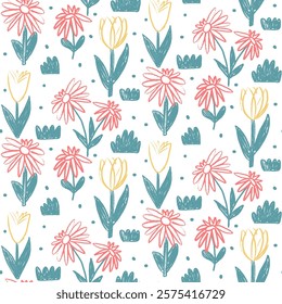 Flowers crayon drawn seamless pattern. Colorful floral allover background. Stylized botany repeat cover. Tulip, daisy and grass. Surface pattern design spring motif. Vector hand drawn illustration.