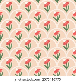 Flowers crayon drawn seamless pattern. Floral allover background. Stylized botany scallop repeat backdrop. Surface pattern design spring motif. Vector hand drawn illustration.