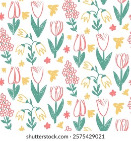 Flowers crayon drawn seamless pattern. Colorful floral allover background. Line art stroke botany repeat cover. Surface pattern design spring motif. Vector hand drawn illustration.