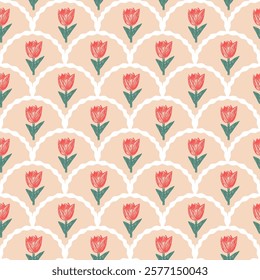 Flowers crayon drawn seamless pattern. Floral allover background. Stylized botany scallop repeat backdrop. Surface pattern design spring motif. Vector hand drawn illustration.