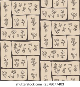 Flowers crayon drawn seamless pattern. Floral allover background. Line art stroke botany modular repeat backdrop. Surface pattern bento box design spring motif. Vector hand drawn illustration.