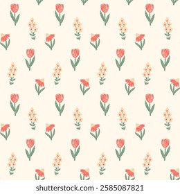 Flowers crayon drawn seamless pattern. Floral allover background. Line art stroke botany repeat backdrop. Surface pattern design spring motif. Vector hand drawn illustration.