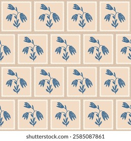 Flowers crayon drawn seamless pattern. Floral on square postage stamps allover background. stencil botany repeat backdrop. Surface pattern design spring quilting motif. Vector hand drawn illustration.