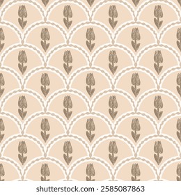 Flowers crayon drawn seamless pattern. Floral allover background. Stylized botany scallop repeat backdrop. Surface pattern design spring motif. Vector hand drawn illustration.