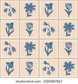 Flowers crayon drawn seamless pattern. Floral on square postage stamps allover background. stencil botany repeat backdrop. Surface pattern design spring quilting motif. Vector hand drawn illustration.