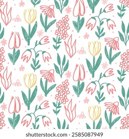 Flowers crayon drawn seamless pattern. Colorful floral allover background. larkspur, tulip and daisy stylized botany repeat cover. Surface pattern design spring motif. Vector hand drawn illustration.