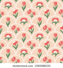 Flowers crayon drawn seamless pattern. Floral allover background. Stylized botany scallop repeat backdrop.Vector hand drawn illustration.