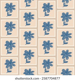 Flowers crayon drawn seamless pattern. Floral on square postage stamps allover background. stencil botany repeat backdrop. Surface pattern design spring quilting motif. Vector hand drawn illustration.