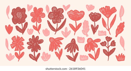 Flowers crayon drawn set. Naive floral doodles. Chamomile, poppy, grass, leaves sketch elements. Pink and red garden simple coneflowers and daises. Vector coquette style illustration by pencil.