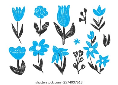 Flowers crayon drawn set. Spring tulip, daisy and marguerite plants doodle. Summer floral folk elements. Chalk or pastel style childish shape. Vector naive pencil illustration on white background.