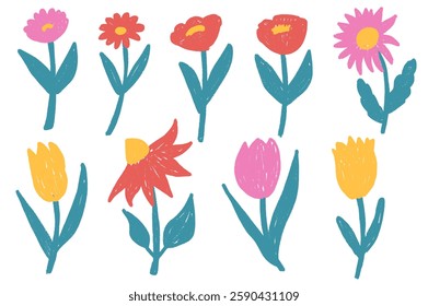 Flowers crayon drawn set. Spring tulip, daisy, aster and marguerite plants doodle set. Pastel childish floral shape. Vector pencil illustration isolated on white background.