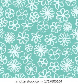 Flowers crayon pattern. Children drawing style blue flower. Hand drawn wax crayons art on pastel background. Isolated chalk style flowers. Pastel sketch flowers, leaves. Freehand flower print.
