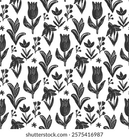 Flowers crayon seamless pattern. Black and white floral stencil allover background. Pencil drawn repeat cover. Surface pattern design spring motif. Vector hand drawn monochrome illustration.