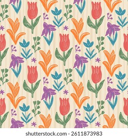 Flowers crayon seamless pattern. Block print floral stencil allover background. Pencil drawn repeat cover. Surface pattern design spring motif. Vector hand drawn monochrome illustration.