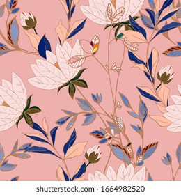 Flowers of cream beige lilies with leaves and petals on a pink color background seamless pattern. Vector illustration with hand-drawn plants.