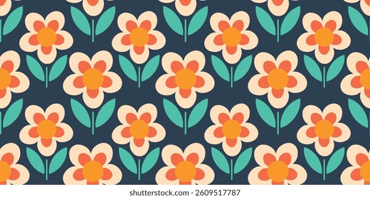 The flowers are a cream color with orange centers and red outlines, and they have five petals each. Each flower is accompanied by two green leaves.