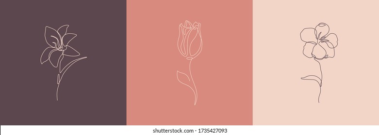 Flowers creative illustration. Minimal line art style icons. Beauty and fashion concept. Eps10 vector.