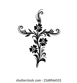 Flowers With Cross Shape. Hand Drawn Vector Illustration With Tattoo Theme