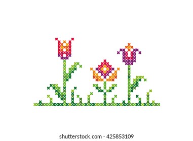 Flowers. Cross Stitch. Vector Element Embroidery.