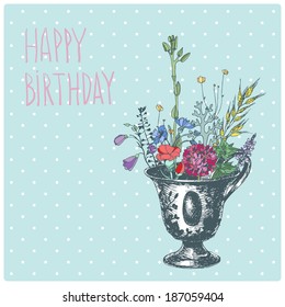 Flowers in a cup. Happy birthday card. Vector illustration.