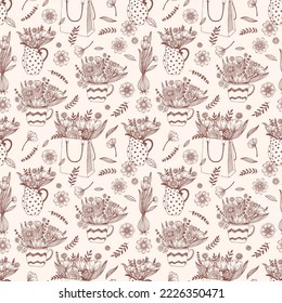 Flowers in a cup, jug, bag, seamless line art style vector pattern. Seamless hand draw vector pattern. Background with line art style flowers seamless. Spring and summer vector seamless pattern.
