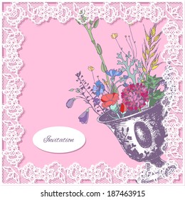 Flowers in a cup. Lacy invitation. Vector illustration.