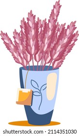 Flores en una taza, un conjunto de ilustraciones en hermosas tazas. Tulipanes y lavanda en un ramo de ramas