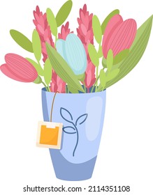 Flowers in a cup, a set of illustrations in beautiful cups. Tulips and lavender in a bouquet with twigs