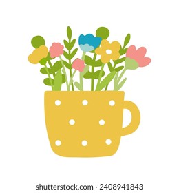 Flores en ilustración vectorial de taza aisladas en fondo blanco. Diferentes flores de colores en un diseño plano y un bonito estilo simple. Tapones de polka blanco en la copa amarilla.