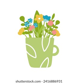 Flores en ilustración vectorial de taza aisladas en fondo blanco. Diferentes flores de colores en un diseño plano y un bonito estilo simple.