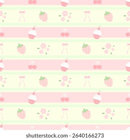 Flowers Cupcake Cherry strawberry  bow on yellow background, pink and green lines, fabric pattern, gift wrapping paper, seamless pattern 