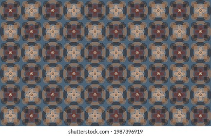 Flowers and Curves in light brawn on ocean blue background - Indian Cultural Rangoli, Kolam or Paisley vector line art in seamless pattern, for wear fabric, apparel textile, garment, phone case.