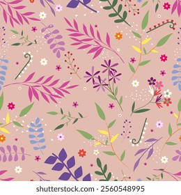 Flowers, cute floral wallpaper, vintage wallpaper with berries and foliage, branches background, seamless pattern