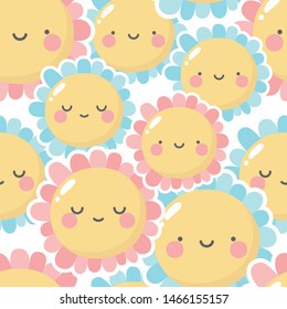 Flowers cute pattern, smile flower face cartoon seamless background, vector illustration
