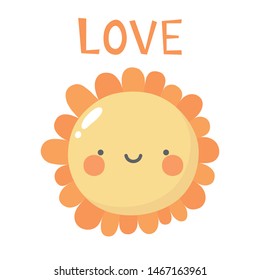 Flores adorables, caricatura de la cara de la flor sonrisa con texto, ilustración vectorial