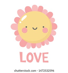 Flowers cute pattern, smile flower face cartoon background with text, vector illustration