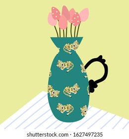 Flowers in the  cute vase  with tigers pattern  stanting  on the table. Vector decor element for home design, congratulations and etc.. 