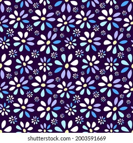 Flowers cute white seamless pattern on blue background