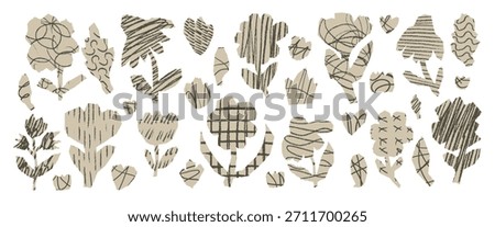 Flowers cutouts set. Scrap book paper floral elements collection. Beige paper collage leaves, poppy, tulip and wildflowers shapes. Scrapbook scribbles with handmade texture. Vector collages figures.