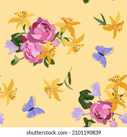 Flowers cyclamen, lily, pink peonies and butterflies on yellow background. Seamless vector illustration. For decoration textile, packaging and wallpaper.