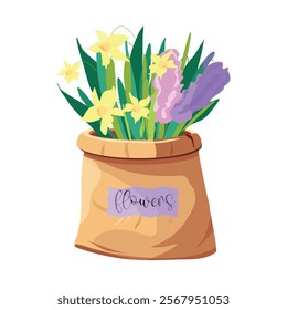 Flowers daffodils, hyacinth, in a paper bag, bouquet, for postcard design, banner. Vector.