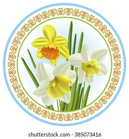 Flowers daffodils in patterned round framed with folk ornament