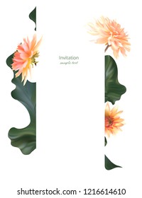 Flowers. Dahlia. Floral background. Green leaves. Border. Flower pattern. Pink. Petals