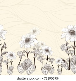 Flowers are dahlias. Vector background. Abstract wallpaper with floral motifs.  Seamless pattern. Wallpaper.  Use printed materials, signs, posters, postcards, packaging.