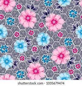 flowers and daisies with honeycombs for textile pattern fashion print, fabric