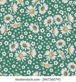 Flowers with daisies, seamless pattern on a green background in honor of Mother's Day, Women's Day March 8, Valentine's Day, wedding